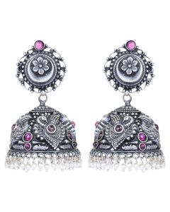 MK SILVER 925 JHUMKA EARRINGS WITH PEACOCK AND FLOWER MOTIF PEARL LATKAN